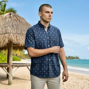 Van Heusen Never Tuck Shirt Short Sleeve Button Up Navy Blue FLAMINGOS men large